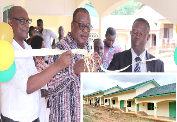 Edward Abazing (middle), the New Juaben South Municipal Coordinating Director, cutting the tape to officially inaugurate the building. Looking on are Pastor Dr Samuel Bonya Arloo (right), President of the East Ghana Conference of the SDA, and Mustapha Haruna (left), the New Juaben South Municipal Education Director. INSET : The new school block